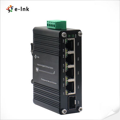 Mini Industrial 4-Port 10/100/1000T 802.3at PoE + 1-Port 100/1000X SFP Ethernet Switch met 12~48VDC Input en Spanning Booster