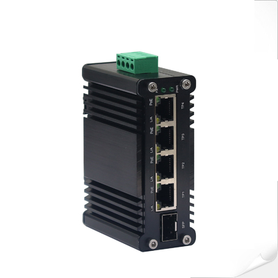 Mini Industrial 4-Port 10/100/1000T 802.3at PoE + 1-Port 100/1000X SFP Ethernet Switch met 12~48VDC Input en Spanning Booster