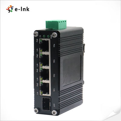 Mini Industrial 4-Port 10/100/1000T 802.3at PoE + 1-Port 100/1000X SFP Ethernet Switch met 12~48VDC Input en Spanning Booster